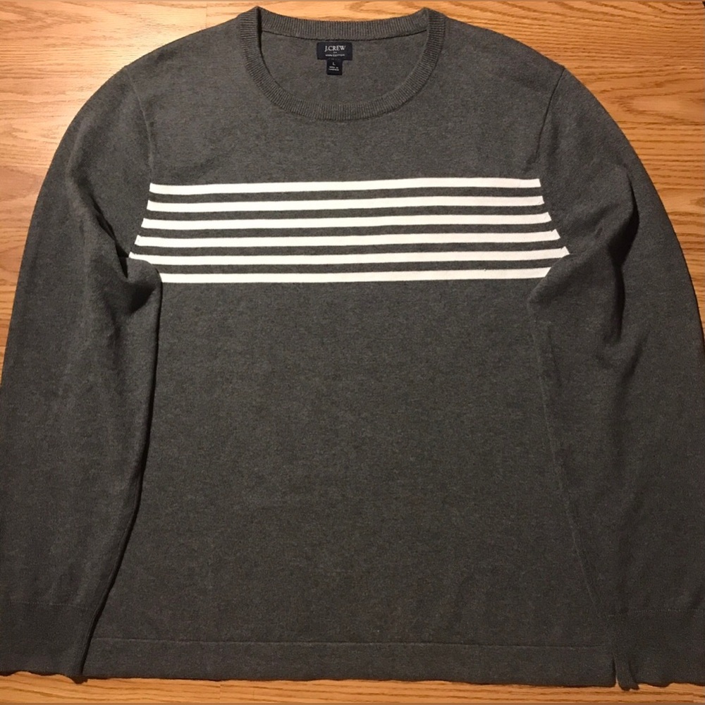 J. Crew Mens L Gray White Stripe Sweater All Cotton Crewneck NWOT